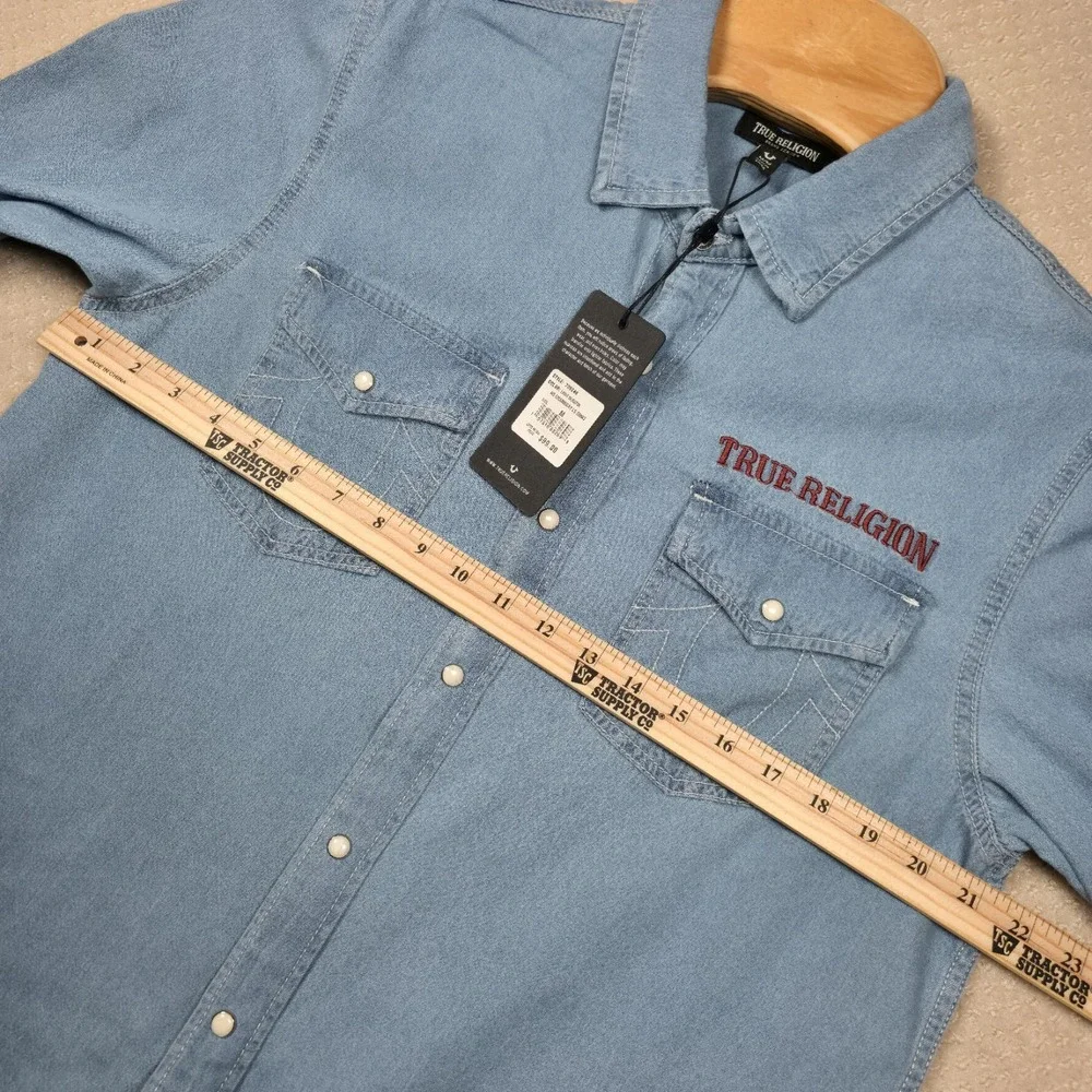 NWT True Religion Western Denim Shirt Men Medium Chambray Pearl Snap Embroidered